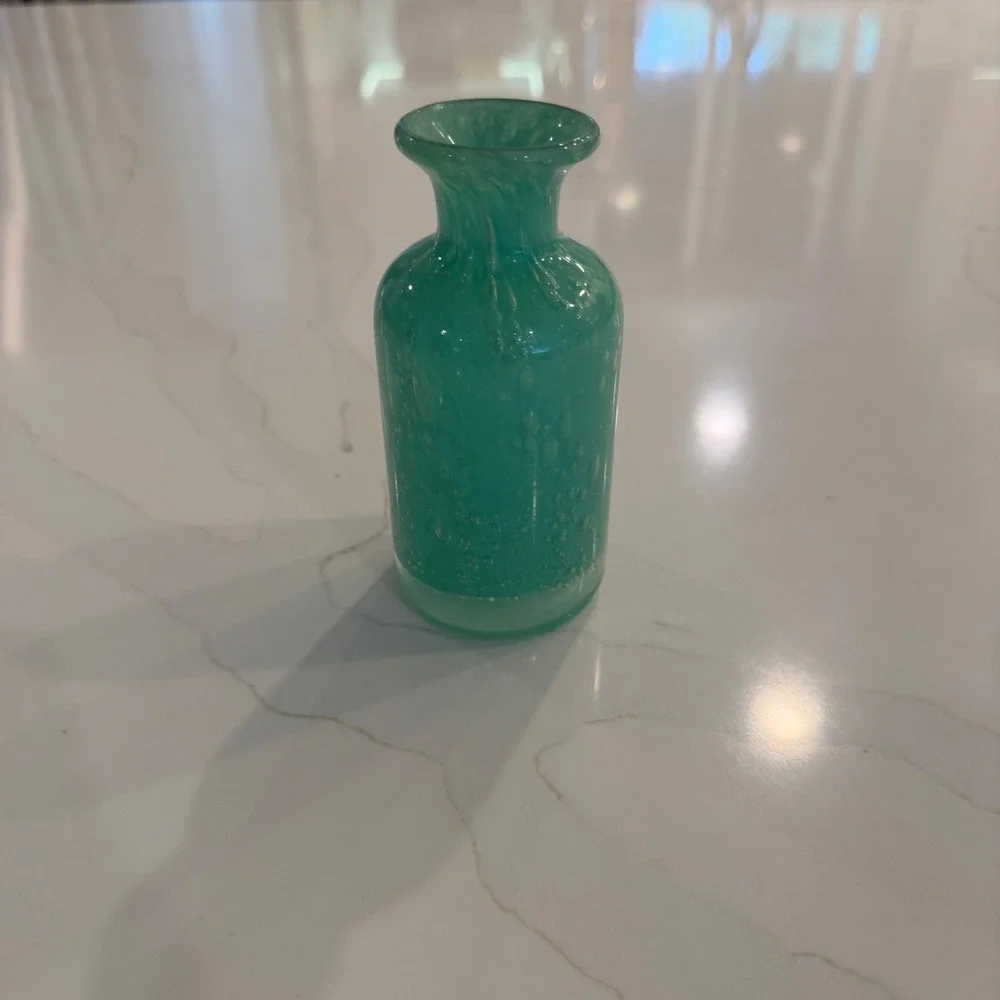 Teal Green Controlled Bubble Art‎ Glass Bud Vase Swirl Rim Weighted Base